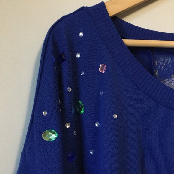 Almost Famous Blue Angel Gems and Lace Window Sweater - Picture 6 of 16